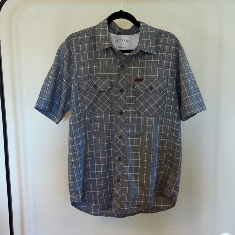 Men's short sleeve grey plaid button up Orvis
